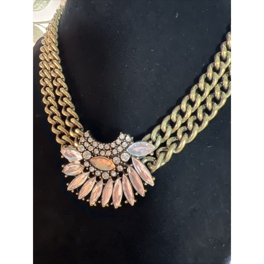 Vintage Womens Bronce Tone Double Chain Rhinestone Front Statement Necklace - Picture 4 of 12